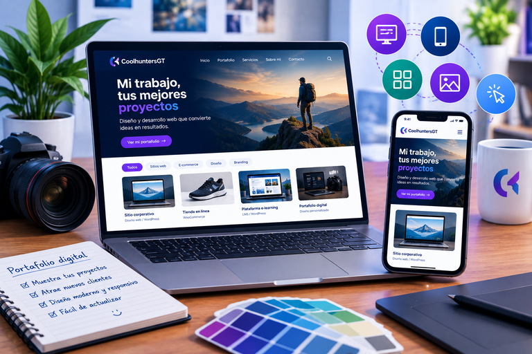 cuaderno a la para de un laptop y un celular, mostrando una pagina web para una pequeña empresa