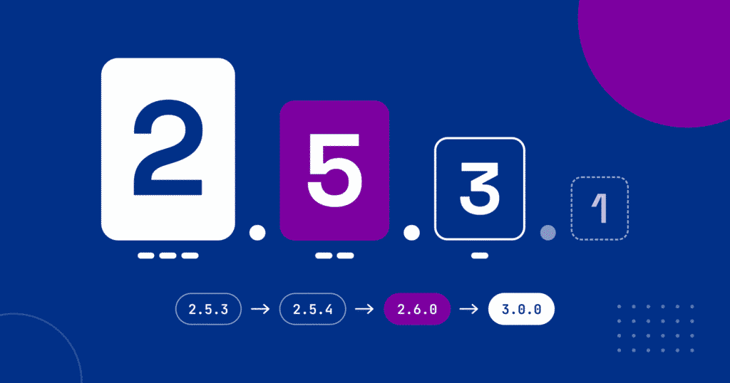 Version number 2.5.3 shown as three tiles that get smaller from left to right, next to a faint fourth tile, with a row below showing updates from 2.5.3 to 3.0.0.