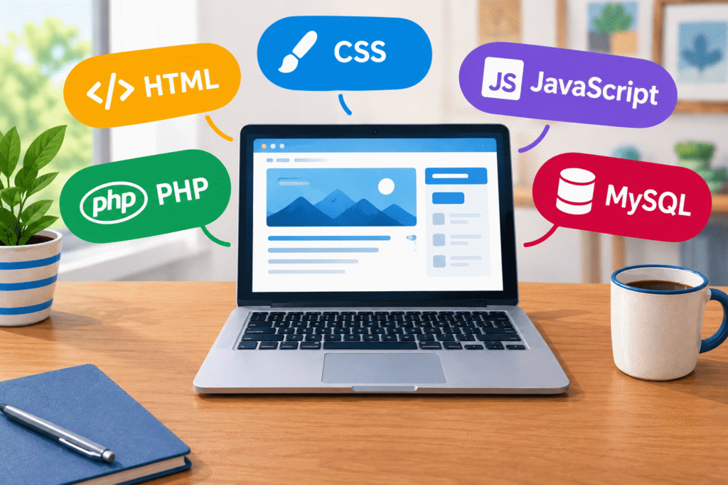 IMage of a laptop on a desk. The laptop is on. Speech bubbles around it say, PHP, HTML, CSS, JavaScript and MySQL