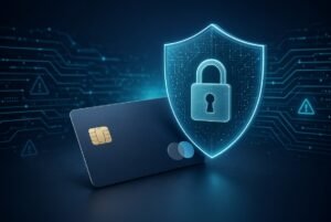 a credit card and a padlock on a shield, on a dark background, highlight the need for security against card attacks on e-commerce stores
