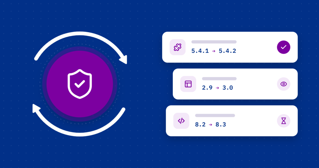 Illustration of WordPress updates: a security shield inside circular refresh arrows, next to three cards showing version numbers, one applied, one under review, and one on hold.