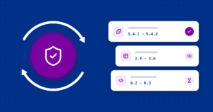 Illustration of WordPress updates: a security shield inside circular refresh arrows, next to three cards showing version numbers, one applied, one under review, and one on hold.